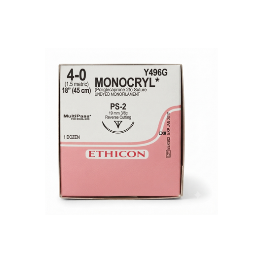 Hilo Monocryl 4-0, Aguja 3/8 círculo reverso cortante 19 mm, Hebra 45 cm, Marca Ethicon, Caja con 12 piezas