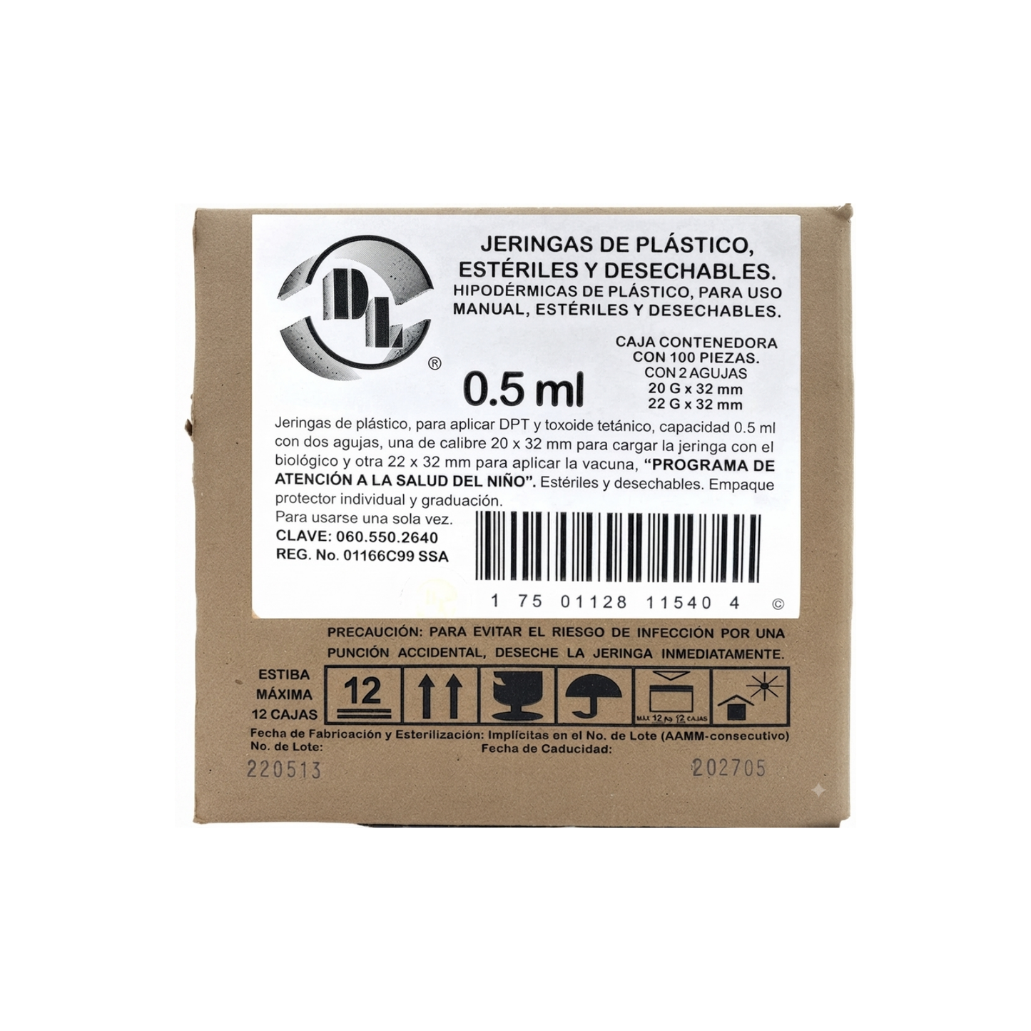 JERINGA 0.5 ML CON 2 AGUJAS 20G X 32MM Y 22G X 32 MM PARA APLICAR DPT Y TOXOIDE TETANICO 100 PZ