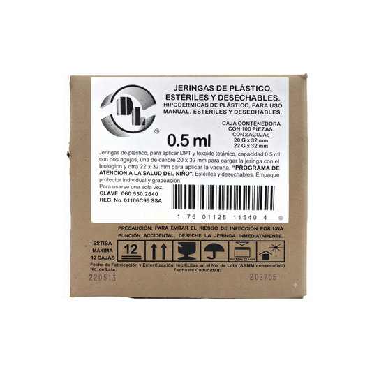 JERINGA 0.5 ML CON 2 AGUJAS 20G X 32MM Y 22G X 32 MM PARA APLICAR DPT Y TOXOIDE TETANICO 100 PZ