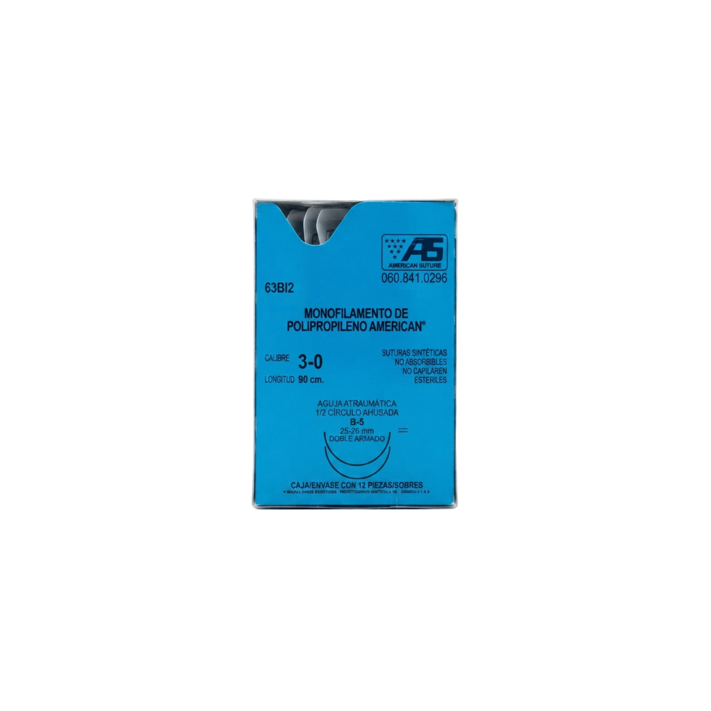 Hilo Polipropileno 3-0, Doble armado, Aguja 1/2 círculo ahusada 26 mm, Hebra 90 cm, Marca American Suture, Caja con 12 piezas