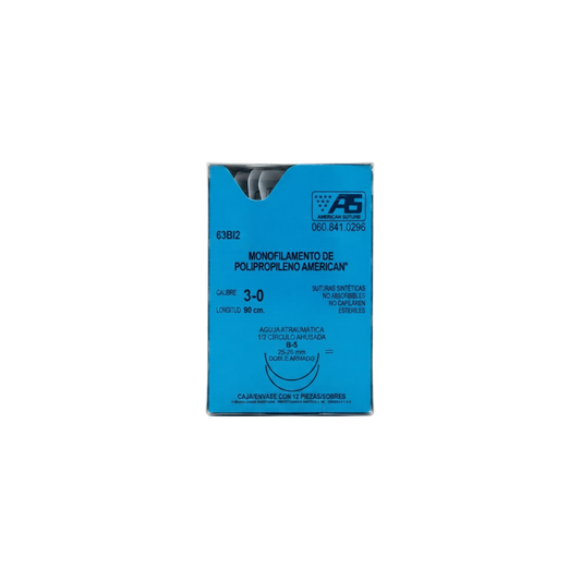 Hilo Polipropileno 3-0, Doble armado, Aguja 1/2 círculo ahusada 26 mm, Hebra 90 cm, Marca American Suture, Caja con 12 piezas