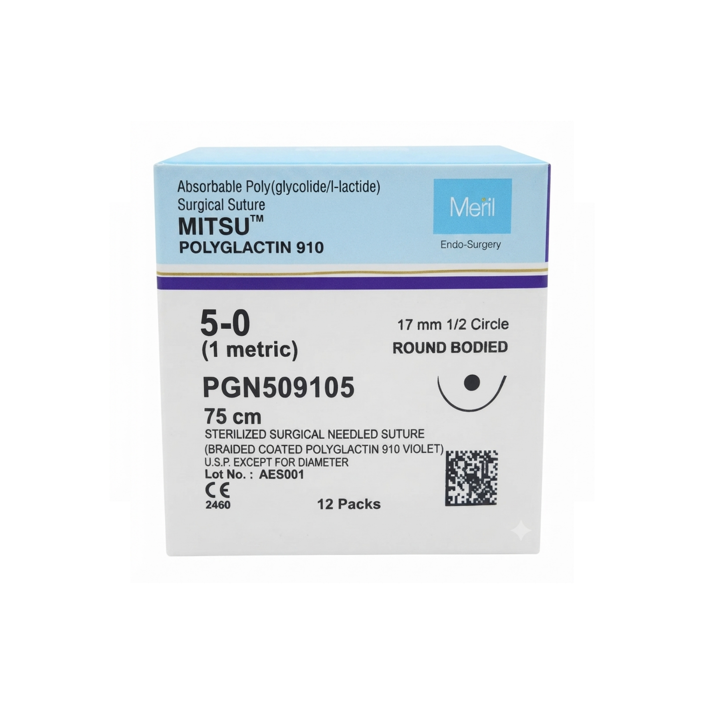 HILO MERIL MITSU (POLYGLACTIN 910) 5-0 AGUJA 1/2 CIRCULO, 17 MM,HEBRA 75 CM C/ 12 PIEZAS