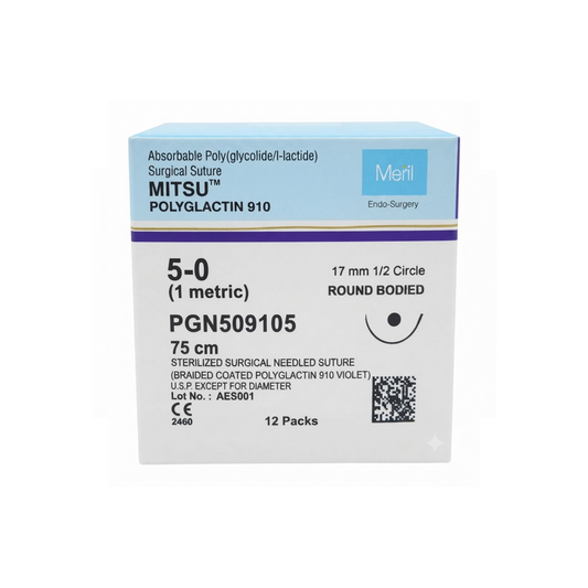 HILO MERIL MITSU (POLYGLACTIN 910) 5-0 AGUJA 1/2 CIRCULO, 17 MM,HEBRA 75 CM C/ 12 PIEZAS