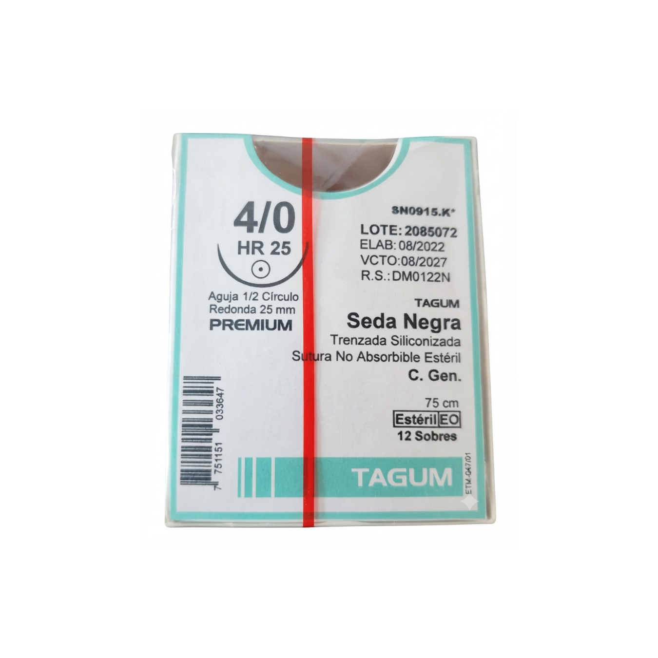 HILO SEDA NEGRA 4/0 TAGUM PREMIUM CON AGUJA 1/2 CIRCULO REDONDE 25MM HEBTRA DE 75CM CAJA CON 12 PIEZAS