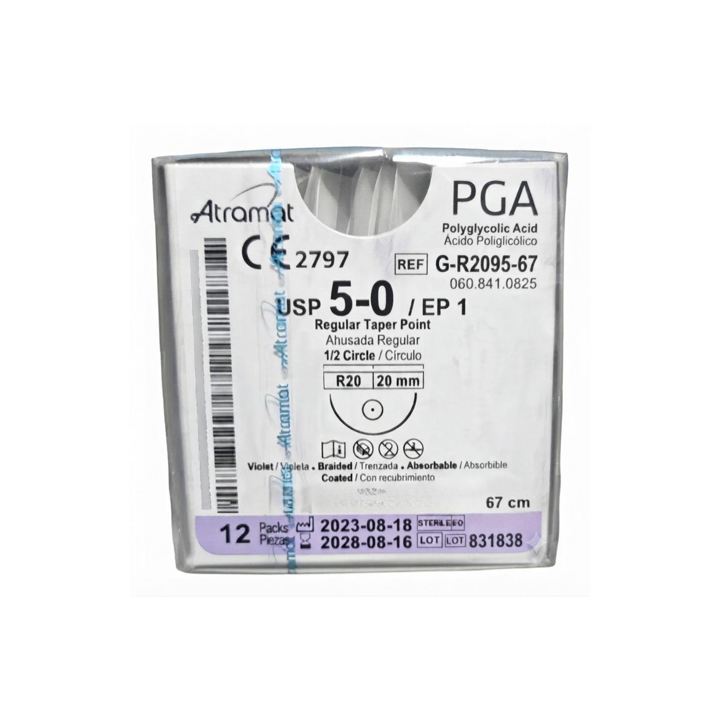 Hilo Ácido Poliglicólico 5-0, Aguja 1/2 círculo ahusada regular 20 mm, Hebra 67 cm, Marca Atramat, Caja con 12 piezas