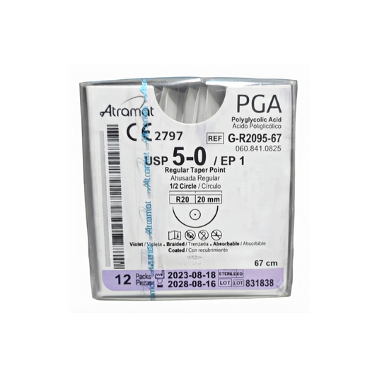 Hilo Ácido Poliglicólico 5-0, Aguja 1/2 círculo ahusada regular 20 mm, Hebra 67 cm, Marca Atramat, Caja con 12 piezas