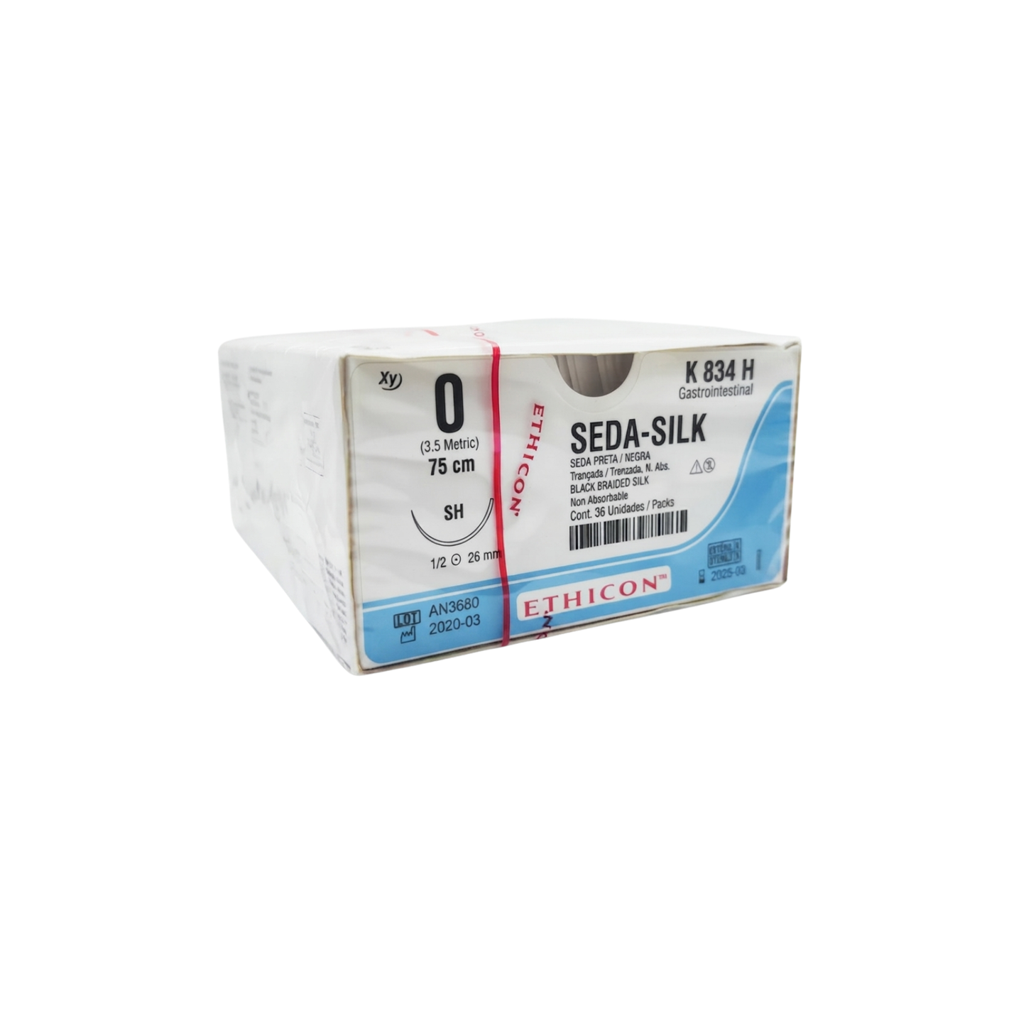 Hilo Seda 0, Aguja 1/2 círculo 26 mm, Hebra 75 cm, Marca Ethicon, Caja con 36 piezas