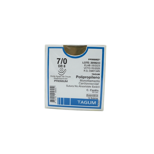 Hilo Polipropileno 7-0, Doble armado, Aguja 3/8 círculo redonda 8 mm, Hebra 60 cm, Marca TAGUM, Caja con 12 piezas