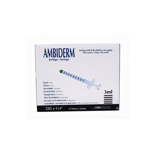 JERINGA DESECHABLE AMBIDERM 3ML CON AGUJA 22GX32MM CAJA CON 100 PIEZAS COLOR NEGRA