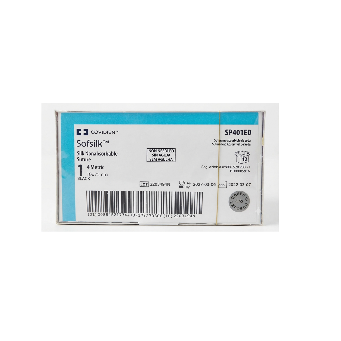 Hilo Seda 1, Sin aguja, Hebra 10×75 cm, Marca Covidien, Caja con 12 piezas