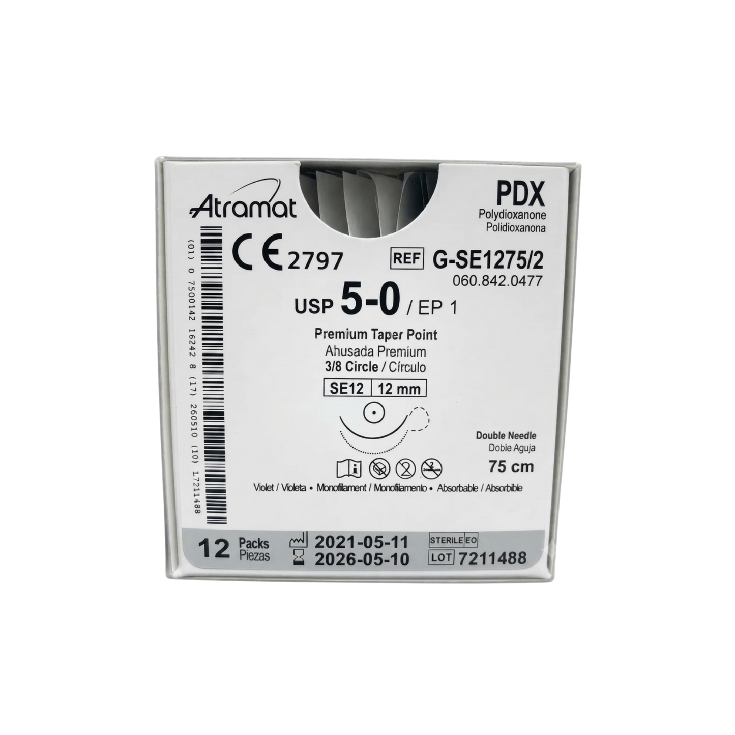 Hilo Polidioxanona 5-0, Doble armado, Aguja 3/8 círculo ahusada premium 12 mm, Hebra 75 cm, Marca Atramat, Caja con 12 piezas