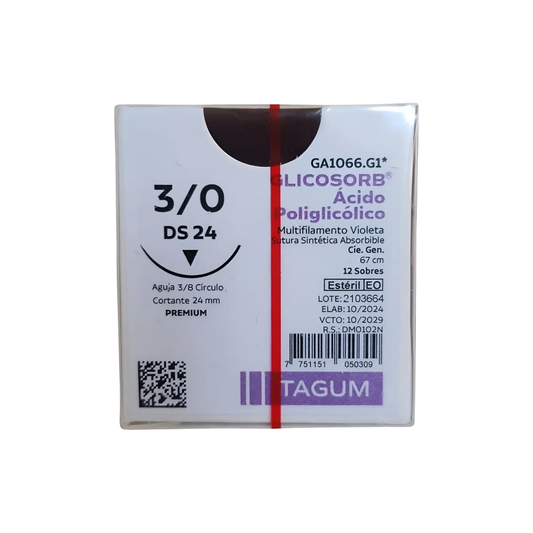 HILO ACIDO POLIGLICOLICO TAGUM CALIBRE 3/0,AGUJA CORTANTE 3/8 DE 24 MM CAJA CON 12 SOBRES