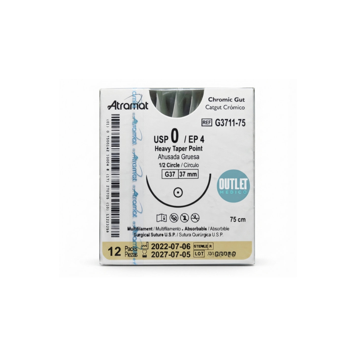 Hilo Catgut Crómico 0, Aguja 1/2 círculo ahusada gruesa 37 mm, Hebra 75 cm, Marca Atramat, Caja con 12 piezas