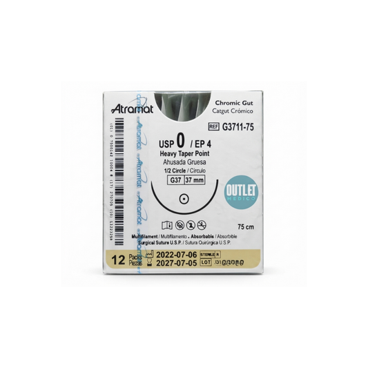 Hilo Catgut Crómico 0, Aguja 1/2 círculo ahusada gruesa 37 mm, Hebra 75 cm, Marca Atramat, Caja con 12 piezas