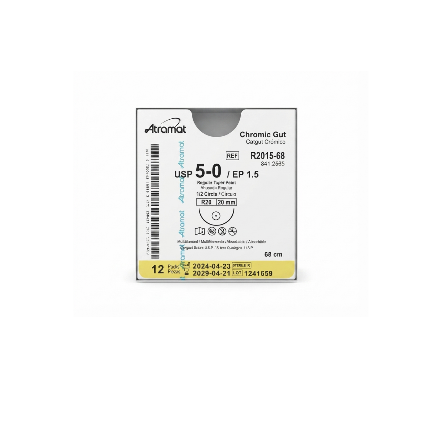 Hilo Catgut Crómico 5-0, Aguja 1/2 círculo ahusada regular 20 mm, Hebra 68 cm, Marca Atramat, Caja con 12 piezas