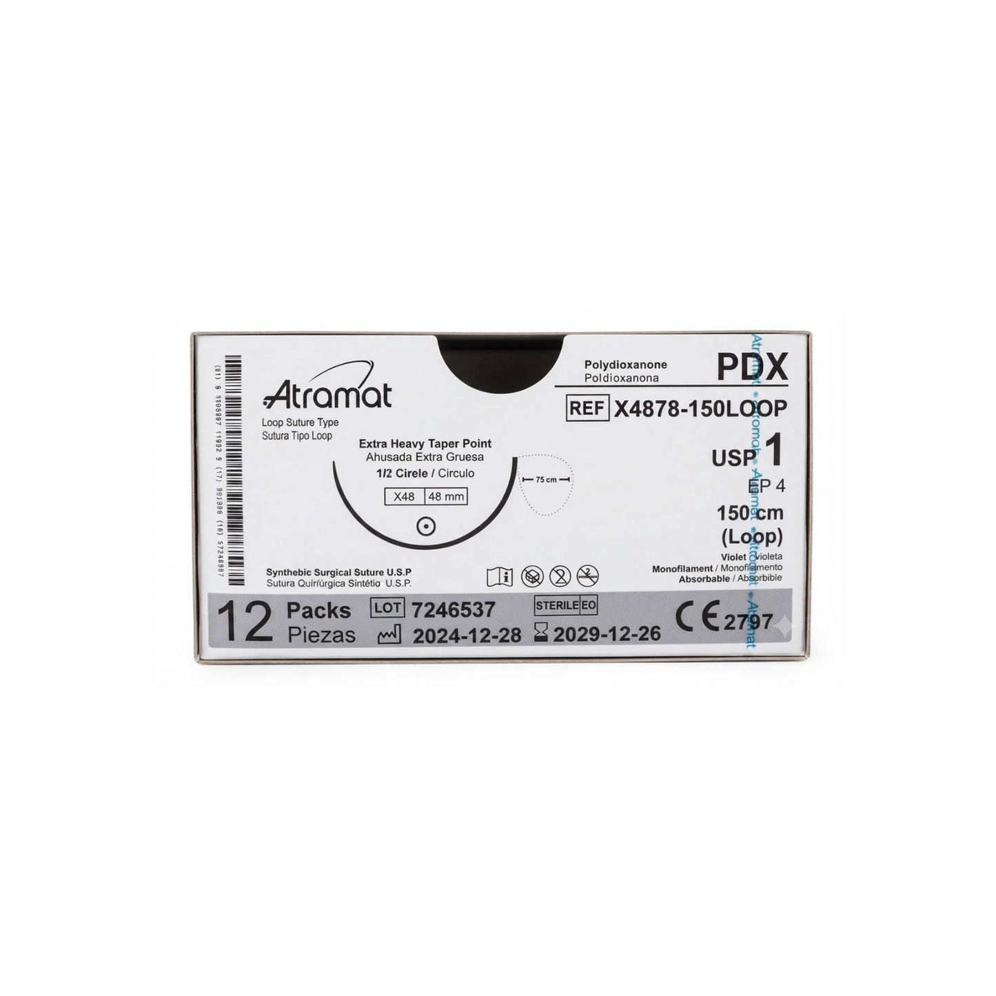 HILO PDX (LOOP) 1 AGUJA 1/2 CIRCULO AHUSADA GRUESA 48MM HEBRA DE 150 CM CAJA CON 12 PIEZAS