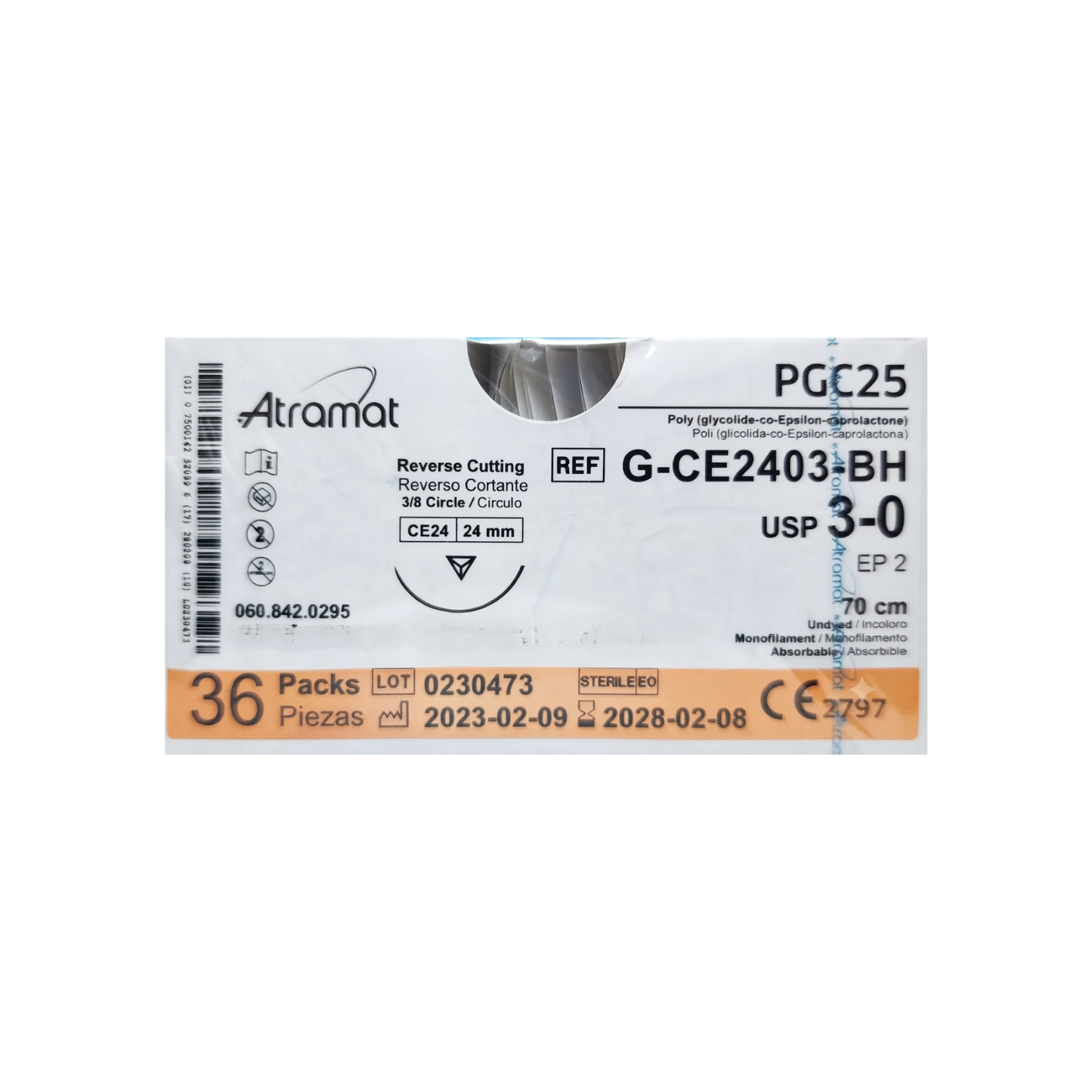 HILO PGC25 3-0 (MONOCRYL) AGUJA CORTANTE PRECISIÓN DE 24 MM HEBRA 70 CM INCOLORO ATRAMAT G-CE2403-BH CAJA CON 36 PIEZAS
