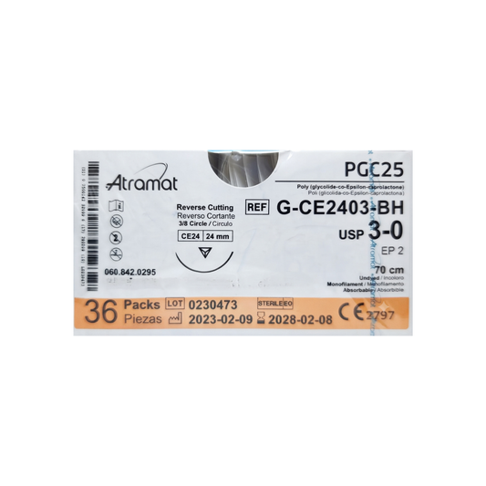 HILO PGC25 3-0 (MONOCRYL) AGUJA CORTANTE PRECISIÓN DE 24 MM HEBRA 70 CM INCOLORO ATRAMAT G-CE2403-BH CAJA CON 36 PIEZAS