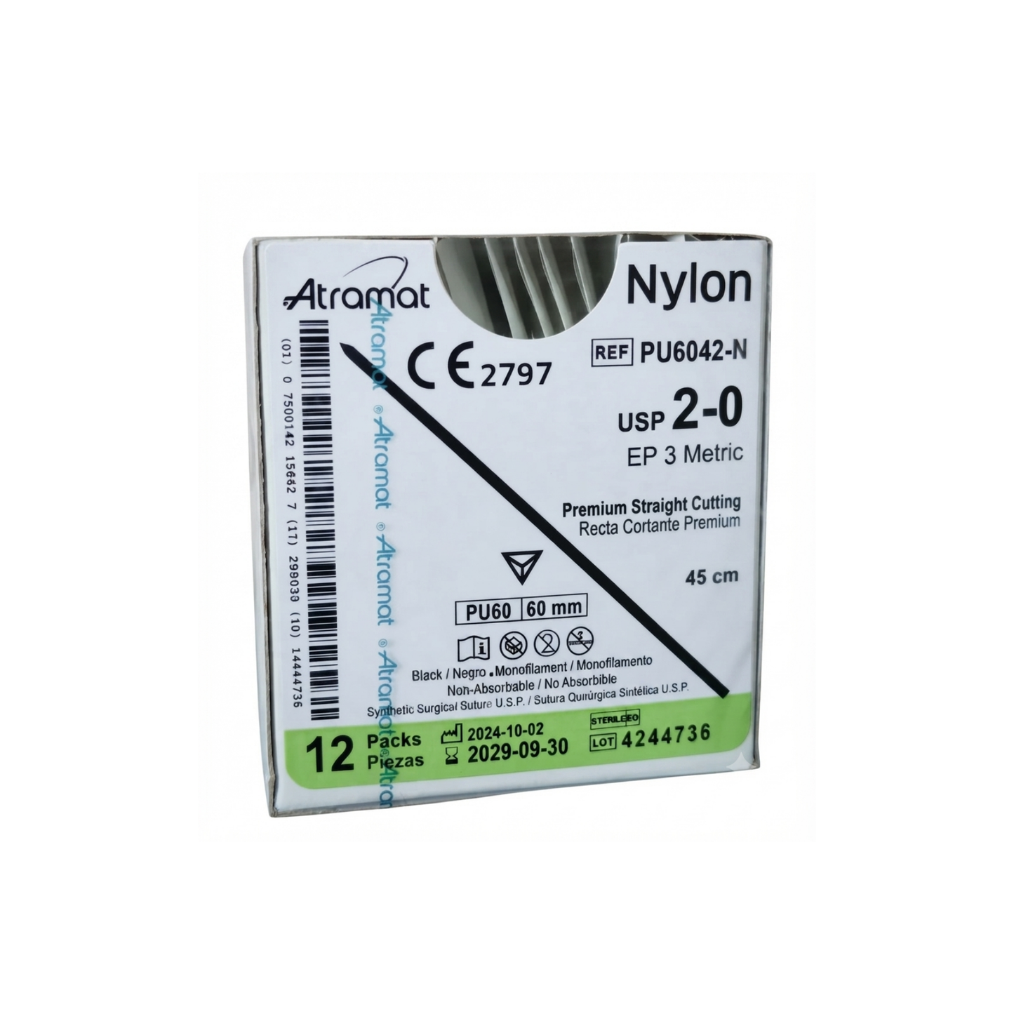 HILO NYLON 2-0 ATRAMAT AGUJA RECTA CORTANTE 60MM HEBRA 45CM CAJA CON 12 PIEZAS REF:PU6042-N