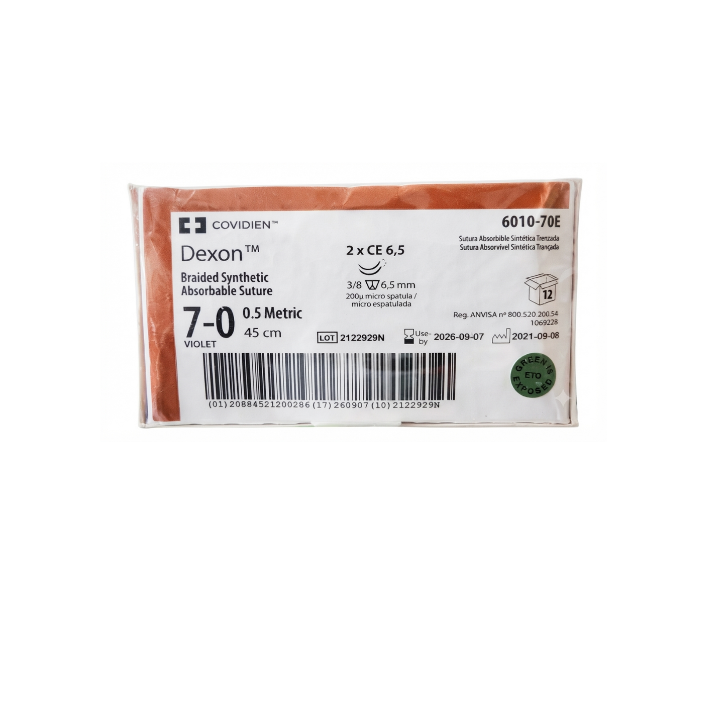 HILO DEXON 7-0 COVIDIEN DOBLE AGUJA 3/8 MICRO ESPATULADA 65MM HEBRA DE 45CM CAJA CON 12 PIEZAS REF:6010-70E