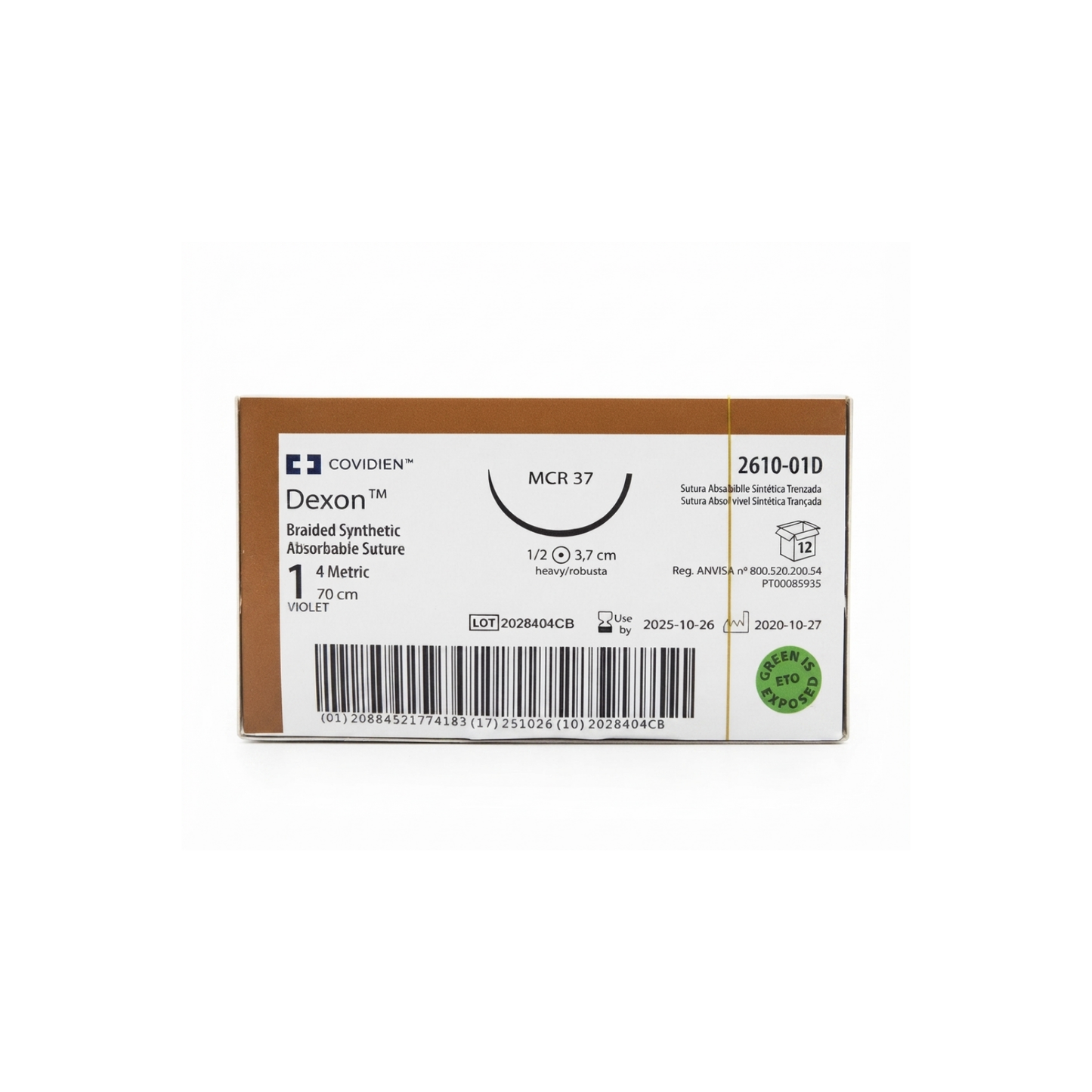 Hilo dexon 1, Aguja ahusada 37 mm 1/2 círculo, Hebra 70 cm, Marca Covidien, Caja con 12 piezas REF:2610-01D