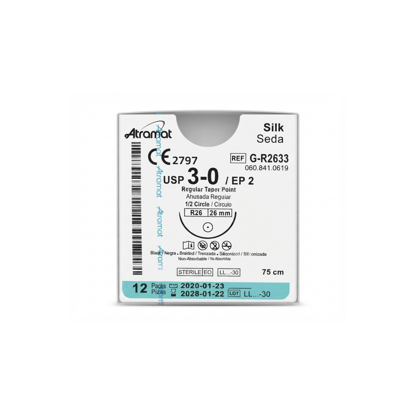 Hilo Seda 3-0, Aguja 1/2 círculo ahusada regular 26 mm, Hebra 75 cm, Marca Atramat, Caja con 12 piezas
