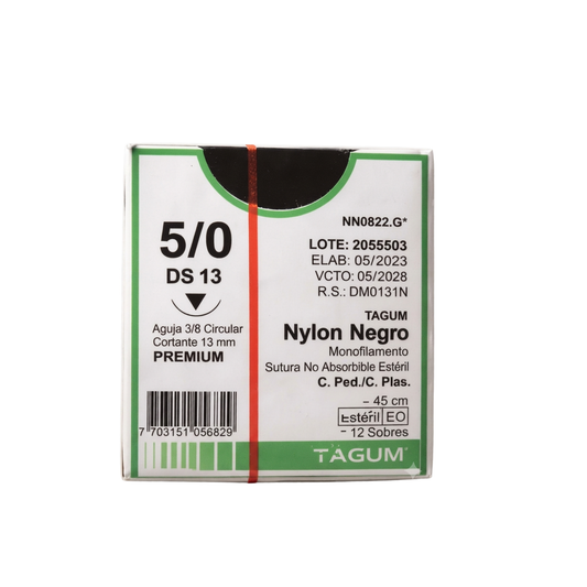 HILO NYLON TAGUM 5/0 AGUJA 3/8 CIRCULO CORTANTE 13MM HEBRA DE 45 CM CAJA CON 12 SOBRES