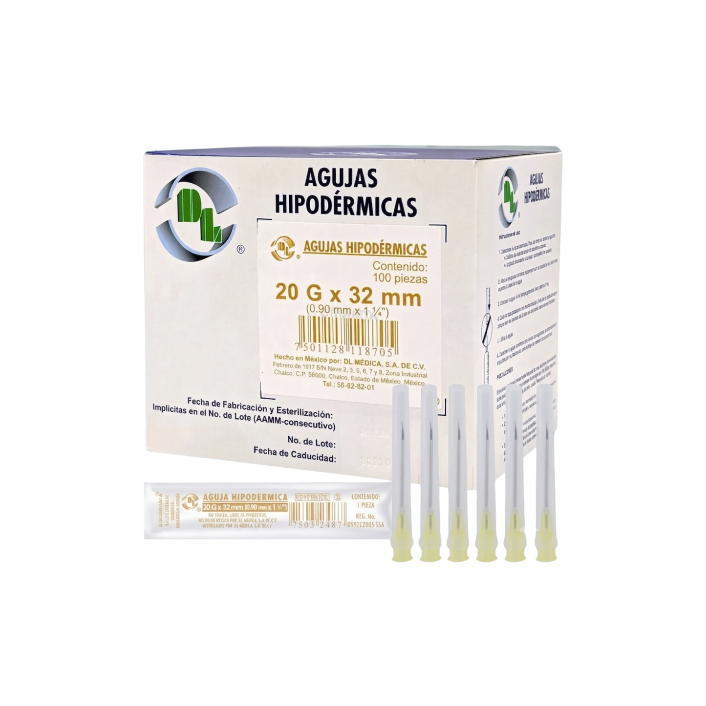 AGUJAS HIPODERMICAS CON PABELLON LUER-LOCK ESTERILES Y DESECHABLES 20G X 32MM MARCA DLP CAJA CON 100 PIEZAS