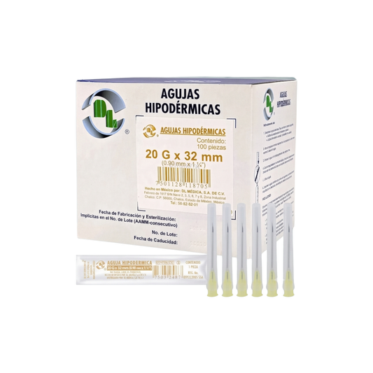 AGUJAS HIPODERMICAS CON PABELLON LUER-LOCK ESTERILES Y DESECHABLES 20G X 32MM MARCA DLP CAJA CON 100 PIEZAS