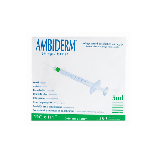 JERINGA DESECHABLE AMBIDERM 5ML CON AGUJA 21GX32MM CAJA CON 100 PIEZAS COLOR VERDE