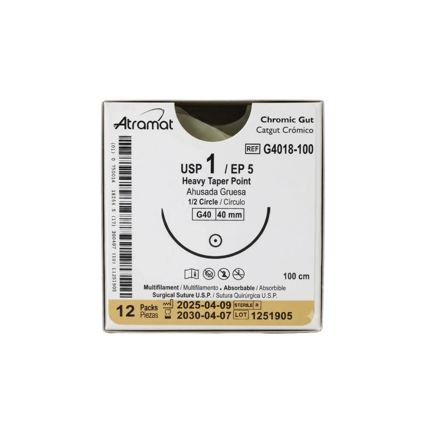HILO CROMICO 1 ATRAMAT CON AGUJA 1/2 CIRCULO AHUSADA GRUESA 40MM HEBRA DE 90-100CM CAJA CON 12 PIEZAS REF:G4018-100,90