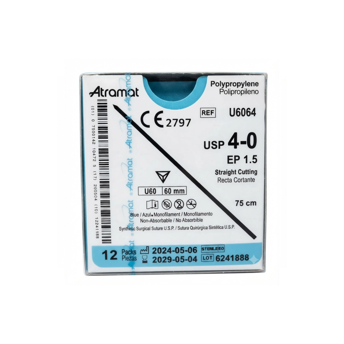 HILO POLIPROPILENO ATRAMAT CALIBRE 4-0, AGUJA RECTA CORTANTE 60MM, HEBRA 75 CM CAJA CON 12 PIEZAS