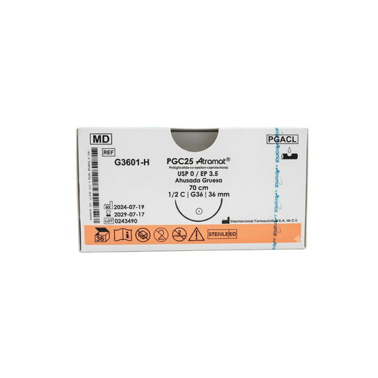 HILO PGC 25 ( POLIGLICOLIDA ) 0 AGUJA 1/2 CIRCULO AHUSADA 36 MM,HEBRA 70 CM, ATRAMAT,CAJA CON 36 PIEZAS