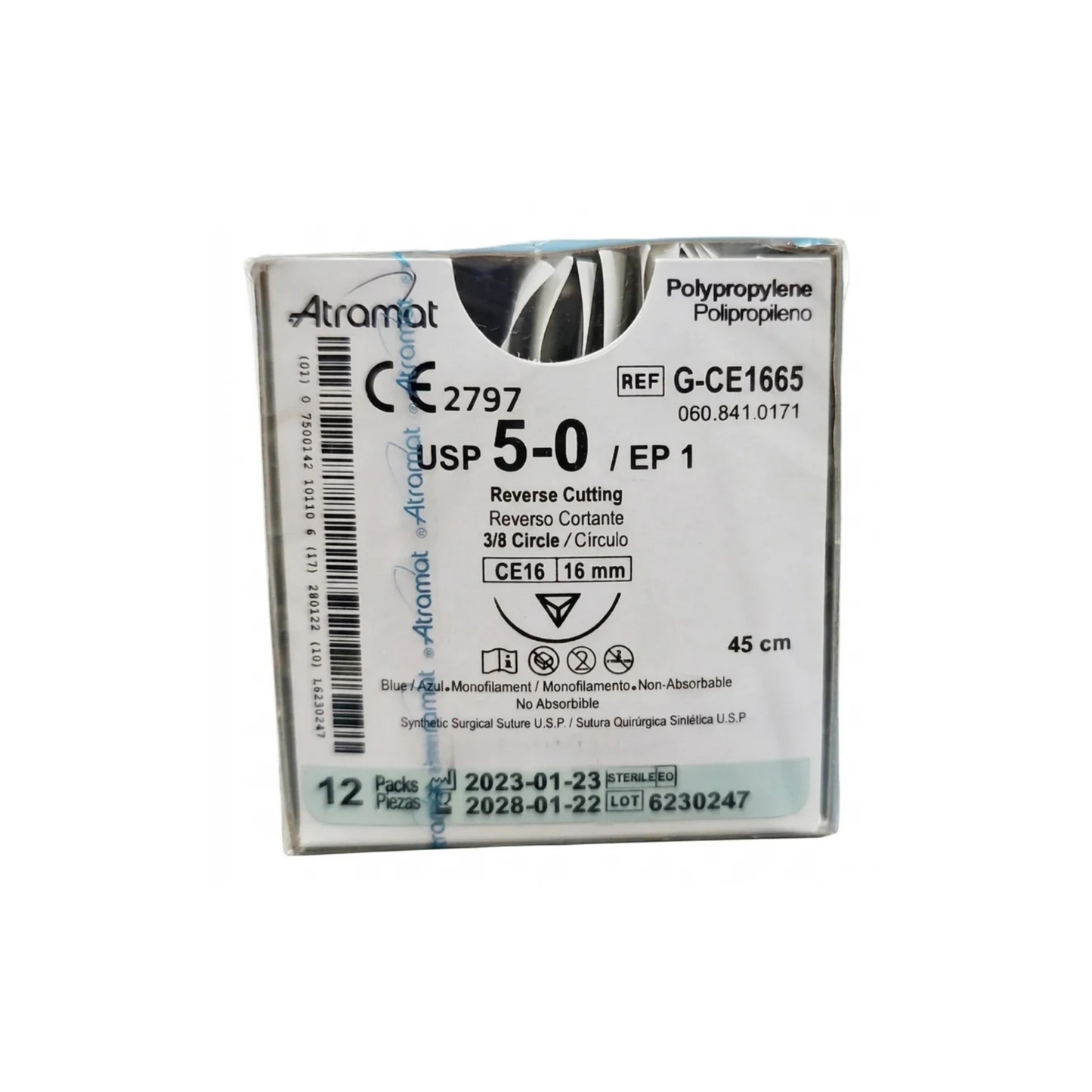 Hilo Polipropileno 5-0, Aguja 1/2 círculo reverso cortante 16 mm, Hebra 45 cm, Marca Atramat, Caja con 12 piezas