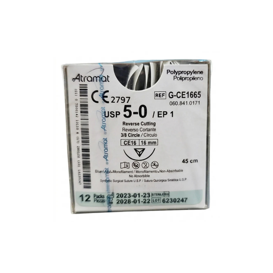 Hilo Polipropileno 5-0, Aguja 1/2 círculo reverso cortante 16 mm, Hebra 45 cm, Marca Atramat, Caja con 12 piezas