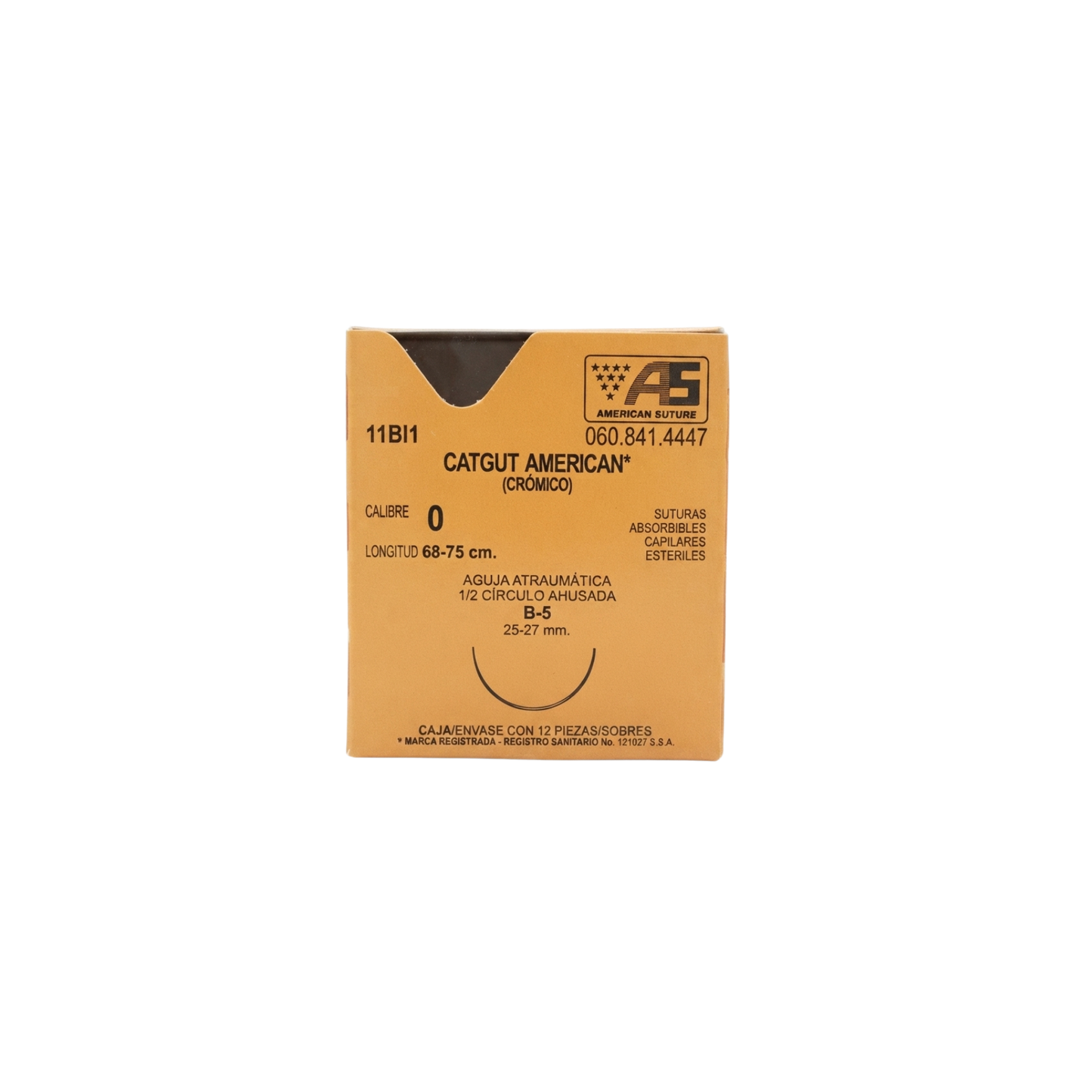 Hilo Catgut Crómico 0, Aguja 1/2 círculo ahusada regular 27 mm, Hebra 75 cm, Marca American Suture, Caja con 12 piezas