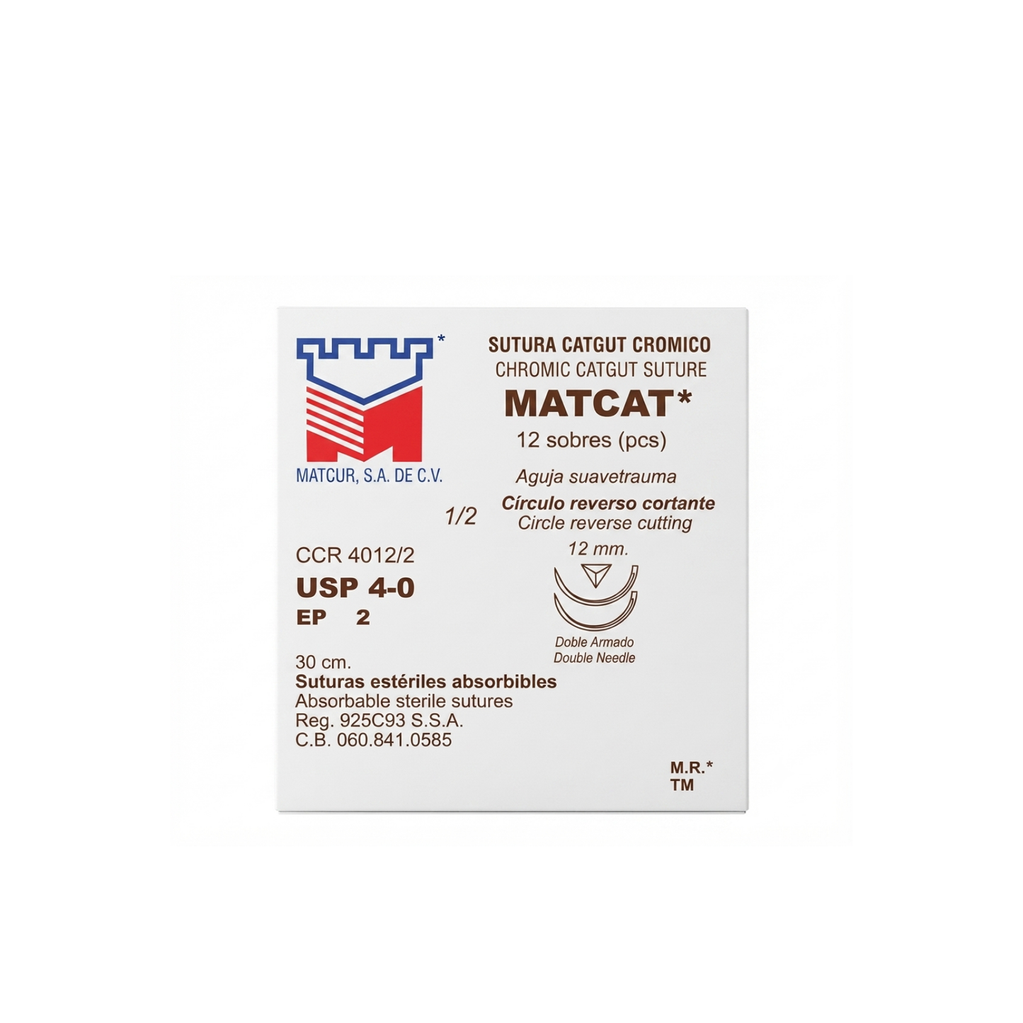 Hilo Catgut Crómico 4-0, Doble armado, Aguja 1/2 círculo reverso cortante 12 mm, Hebra 30 cm, Marca Matcur, Caja con 12 piezas ( PARA PRACTICAS)