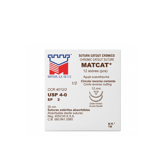 Hilo Catgut Crómico 4-0, Doble armado, Aguja 1/2 círculo reverso cortante 12 mm, Hebra 30 cm, Marca Matcur, Caja con 12 piezas ( PARA PRACTICAS)