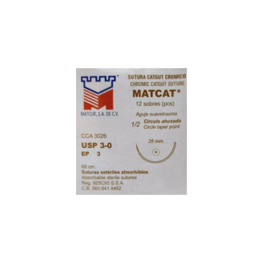 Hilo Catgut Simple 3-0 Aguja ahusada de 26 mm Hebra 68 cm Marca matcurt Caja con 12 Piezas Caducidad may-29