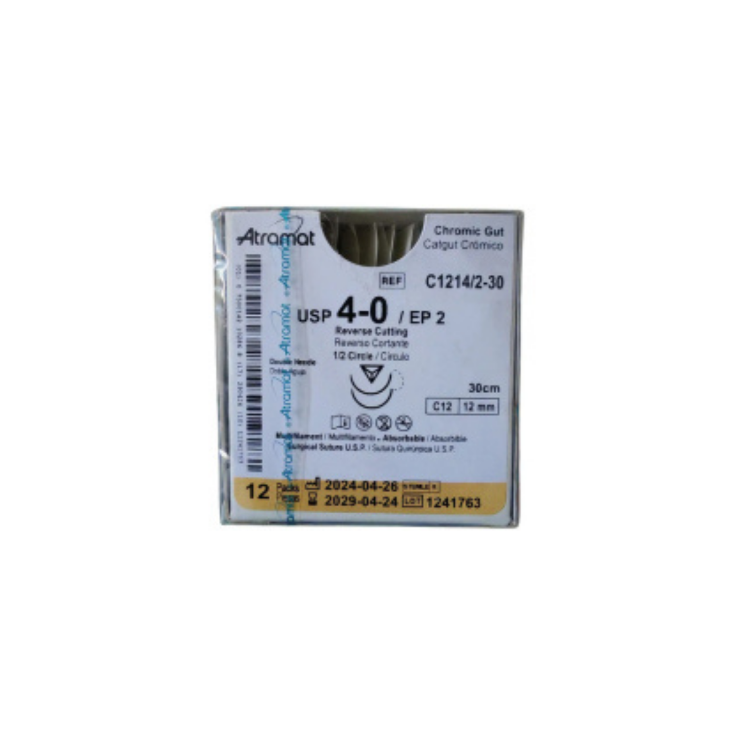 CROMICO 4-0 ATRAMAT CON DOBLE ARMADO AGUJA 1/2 CIRCULO REVERSO CORTANTE 12 MM HEBRA 30 CM CAJA CON 12 PIEZAS
