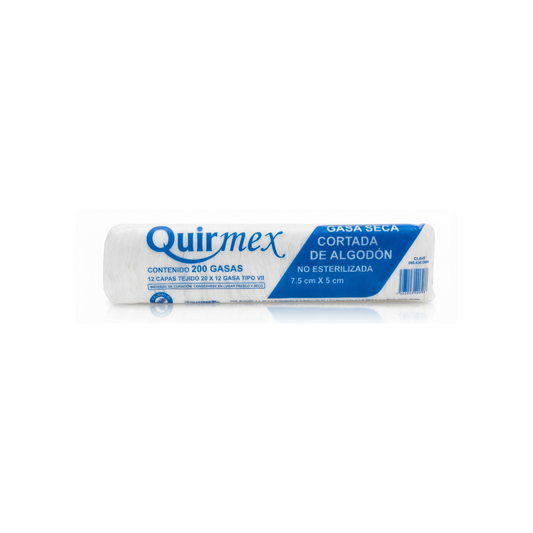 GASA SECA CORTADA TIPO VII QUIRMEX 7.5CM X 5 CM PAQUETE DE 200 GASAS