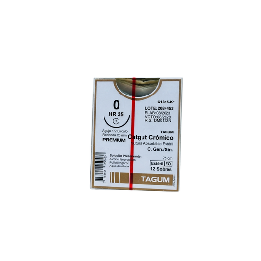 Hilo Catgut Crómico 0, Aguja 1/2 círculo redonda ahusada 25 mm, Hebra 75 cm, Marca TAGUM, Caja con 12 piezas
