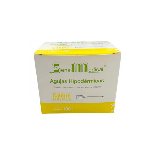 AGUJAS HIPODERMICAS 20GX38MM COLOR AMARILLO CAJA CON 100 PIEZAS