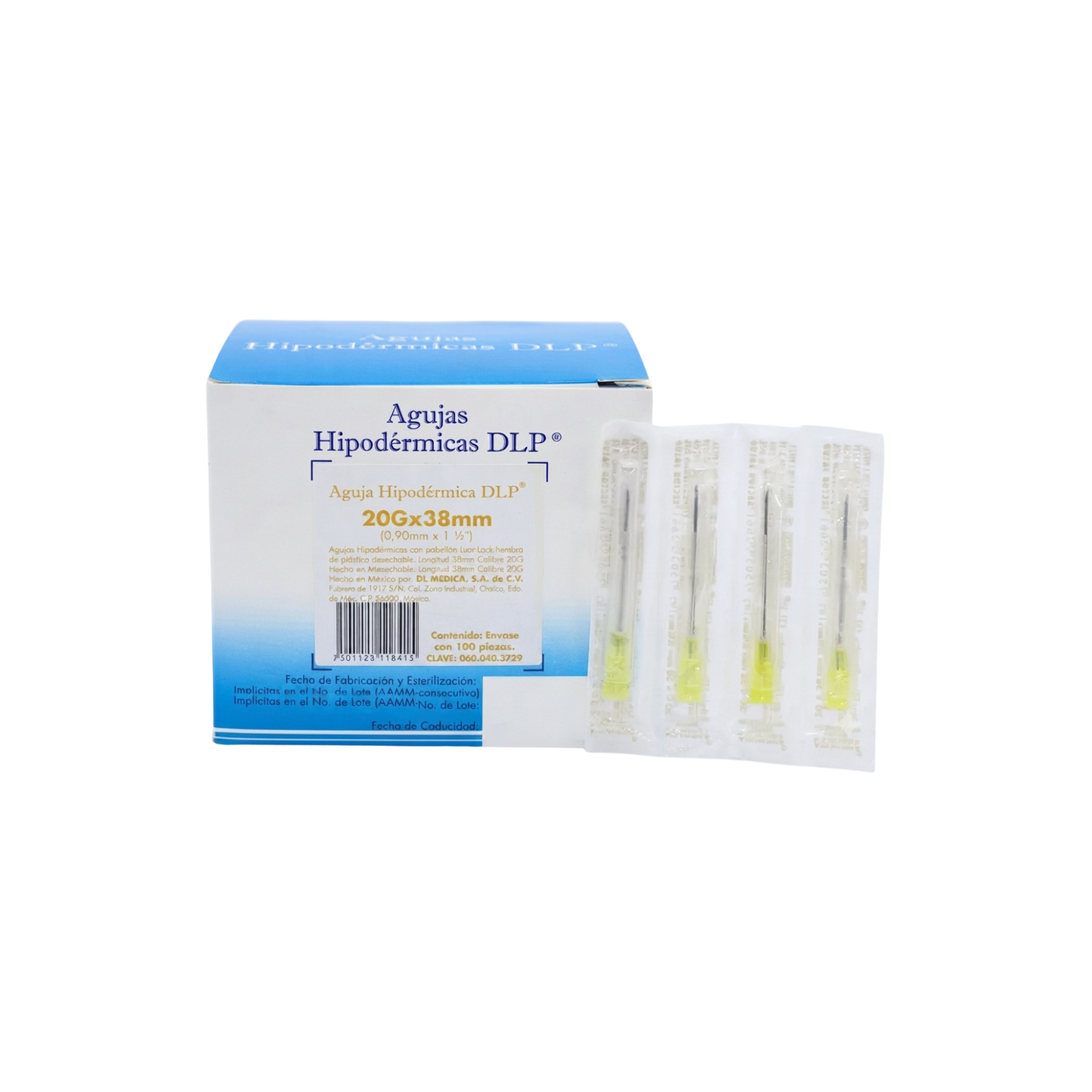 AGUJAS HIPODERMICAS CON PABELLON LUER-LOCK ESTERILES Y DESECHABLES 20G X 38MM MARCA DLP CAJA CON 100 PIEZAS