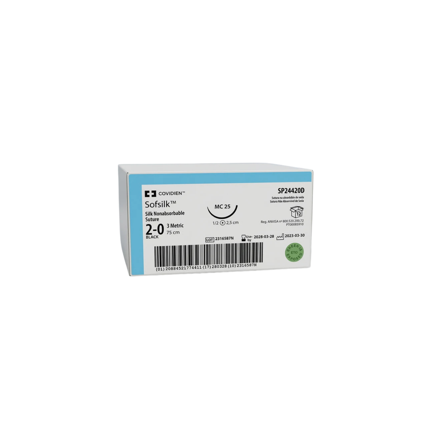 Hilo Seda 2-0, Hebra 2.5×75 cm, Marca Covidien, Caja con 12 piezas