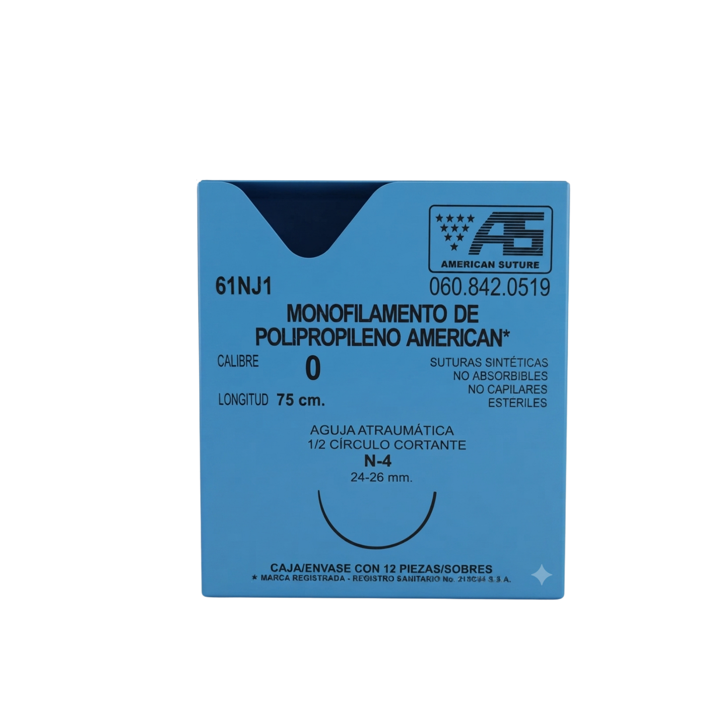 HILO POLIPROPILENO AMERICAN SUTURE CALIBRE 0, AGUJA 1/2 CIRCULO CORTANTE 24-26 M, HEBRA DE 75 CM CAJA CON 12 PIEZAS 060.842.0519