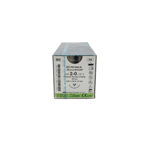 HILO NYLON ATRAMAT 2-0 CON AGUJA 3/8 DE CIRCULO CORTANTE 19MM HEBRA DE 45CM CAJA CON 12 PIEZAS