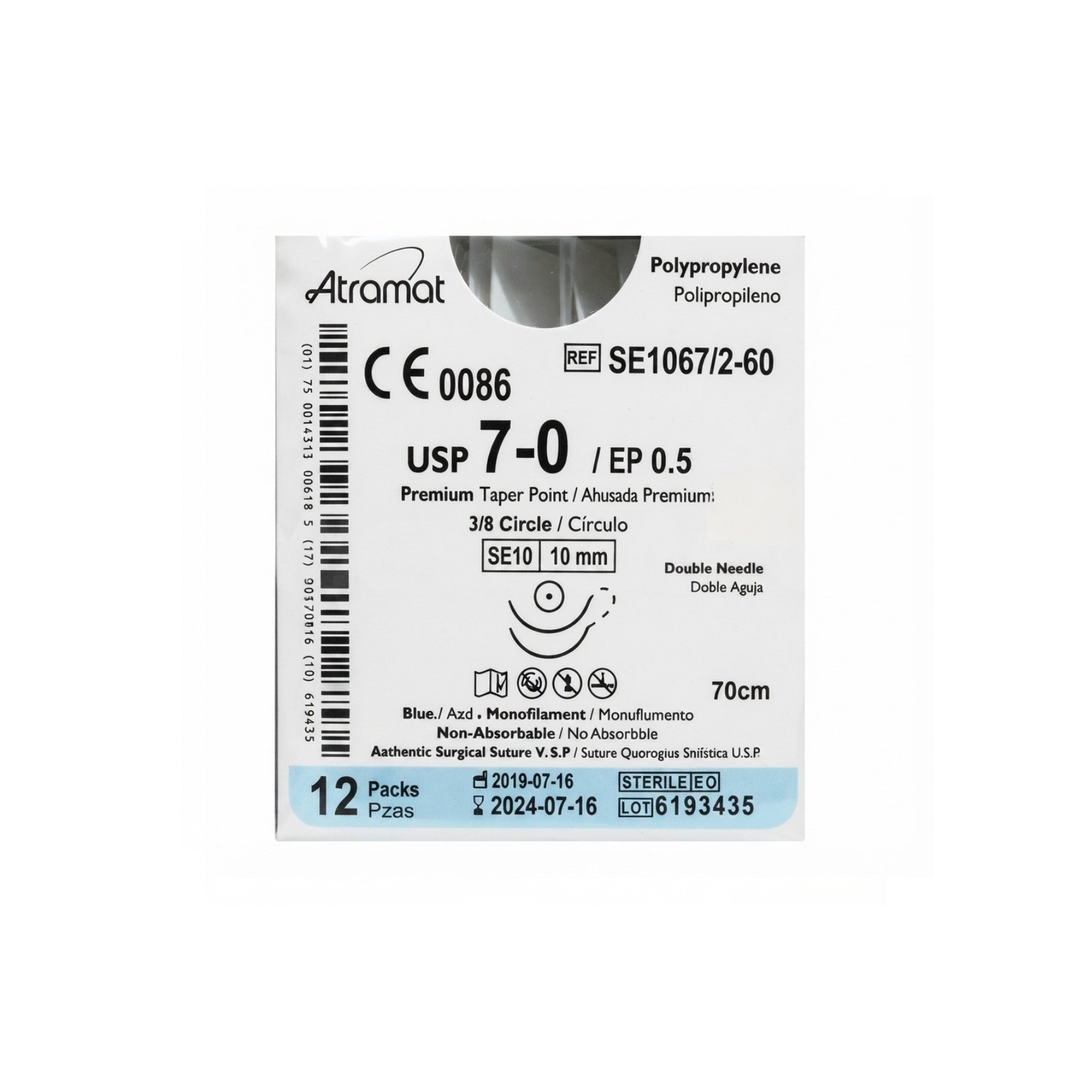 HILO POLIPROPILENO ATRAMAT CALIBRE 7-0, DOBLE ARMADO 3/8 DE CIRCULO , LONGITUD 10MM,HEBRA 60 CM CAJA CON 12 PIEZAS