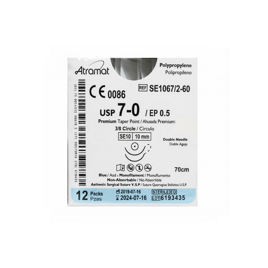 HILO POLIPROPILENO ATRAMAT CALIBRE 7-0, DOBLE ARMADO 3/8 DE CIRCULO , LONGITUD 10MM,HEBRA 60 CM CAJA CON 12 PIEZAS