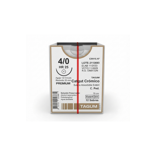 Hilo Catgut Crómico 4-0, Aguja 1/2 círculo redonda 25 mm, Hebra 75 cm, Marca TAGUM, Caja con 12 piezas